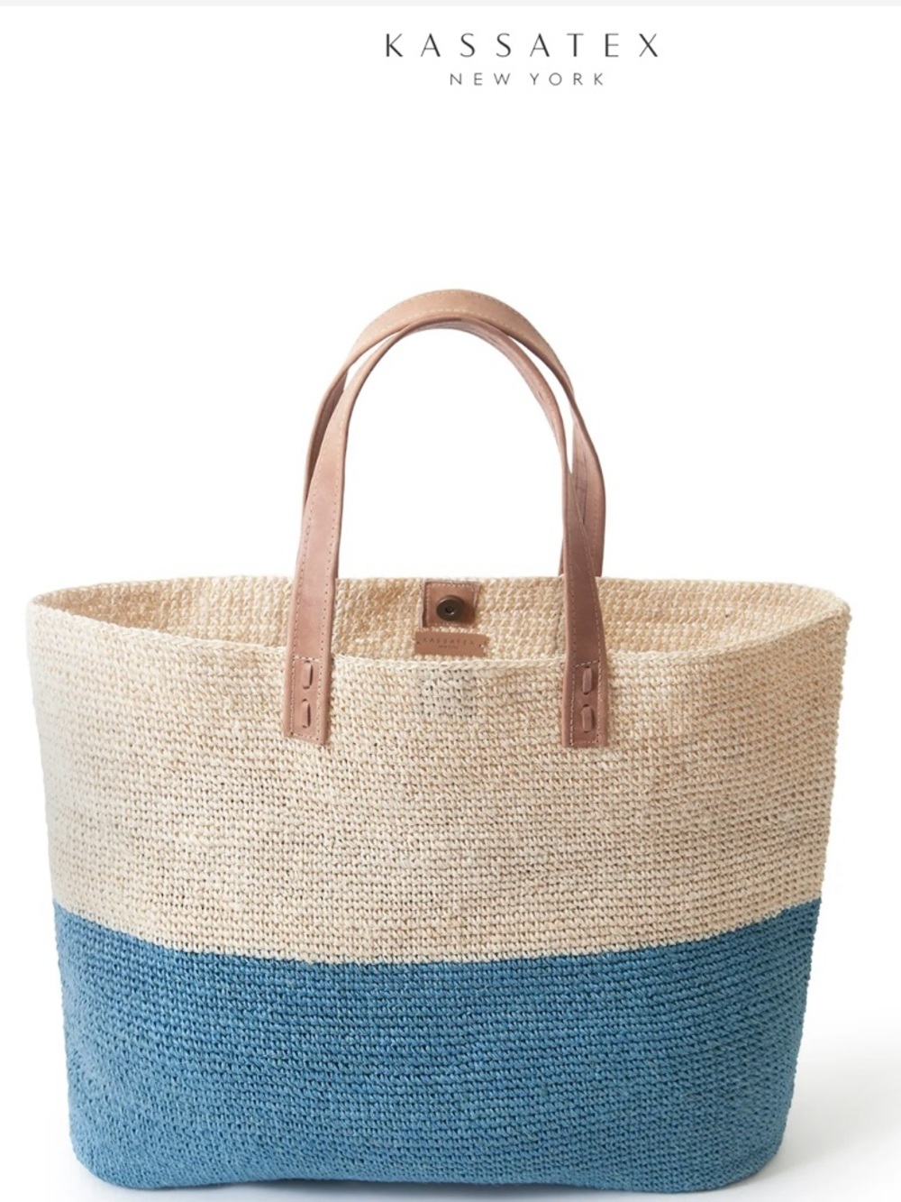 Kassatex Two-Tone Straw Tote in Natural and Blue with Tan Handles